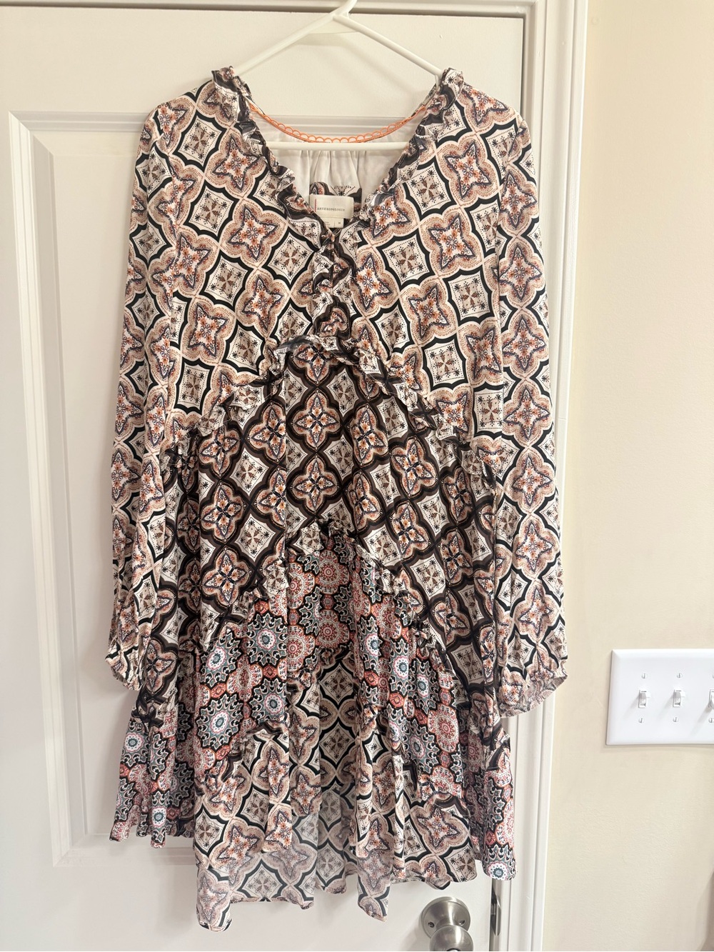 Anthropologie Boho Printed Peasant Tunic Dress in Cream, Black & Rust